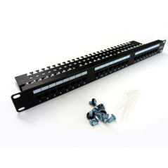 Patch panel 19" 24 porty, kat.5e, U/UTP, 1U, wspornik kablowy, czarny (kompletny)