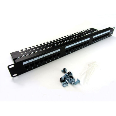Patch panel 19" 24 porty, kat.5e, U/UTP, 1U, wspornik kablowy, czarny (kompletny)