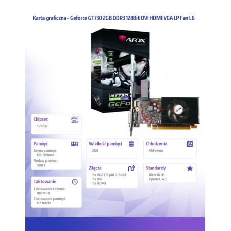 Karta graficzna - Geforce GT730 2GB DDR3 128Bit DVI HDMI VGA LP Fan L6
