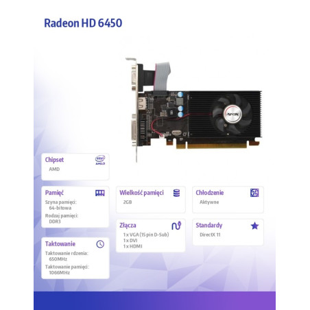 Karta graficzna Radeon HD 6450 2GB DDR3 64Bit DVI HDMI VGA LP Fan L5